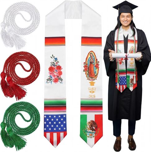 وشاح التخرج المكسيكي Libima مع 3 حبل شرابة فئة 2026 وشاح العلم الأمريكي المكسيكي Virgen De Guadalupe in Kuwait