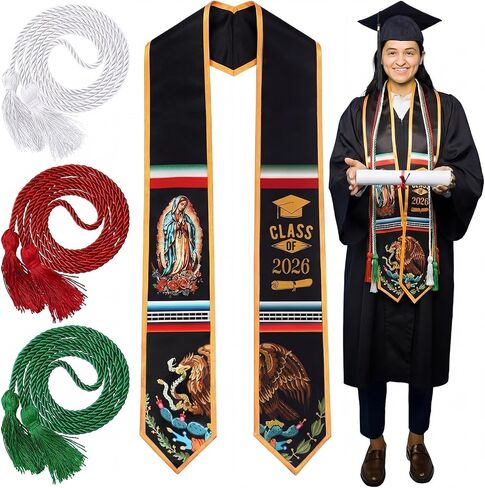 وشاح التخرج المكسيكي Libima مع 3 حبل شرابة فئة 2026 وشاح العلم الأمريكي المكسيكي Virgen De Guadalupe in Kuwait