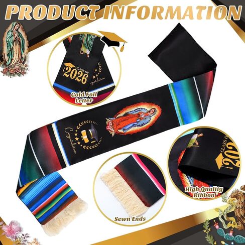 وشاح التخرج المكسيكي Libima مع 3 حبل شرابة فئة 2026 وشاح العلم الأمريكي المكسيكي Virgen De Guadalupe in Kuwait