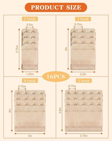 16 PCS Bra Extenders 2 Hook / 3 Hook / 4 Hook / 5 Hook, Bra Hooks Replacement, Soft Comfortable Stretchy Bra Extension Strap for Women Lady Plus Size(Black, White, Nude, Beige) in Saudi Arabia