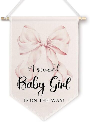 ChissNook Girl Baby Shower Canvas Banner, a Sweet Baby Girl Is on the Way Babe Shower Party Decorations Hanging Pennant Banner Flags Wall Display, Coquette Pink Bow Wall Decor for Babe Girls Room in Saudi Arabia