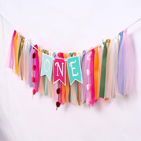 Papel Picado Theme High Chair Banner - Mexican Fiesta ONE First Birthday Fairy Party Decoration, Colorful Ribbon and Tulle Garland, Gender Neutral Highchair Decor in Saudi Arabia