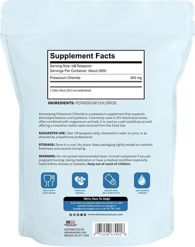 Aromasong Potassium Chloride Powder – Natural Low Sodium Salt Substitute & Essential Hydration Electrolyte Supplement– Pure Potassium Powder for Cooking & Mineral Balance – 1 kg (2.2 LB) in Kuwait