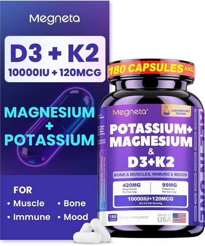 Magnesium Glycinate Potassium with Vitamin D3 10000 IU K2 MK-7, High-Potency Synergistic Complex for Bone, Immune Health, Mood Balance & Energy Support, 180 Capsules in Saudi Arabia