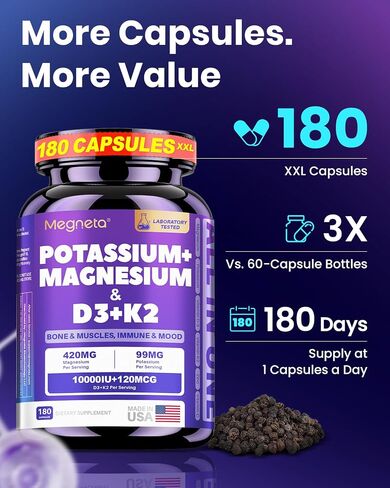 Magnesium Glycinate Potassium with Vitamin D3 10000 IU K2 MK-7, High-Potency Synergistic Complex for Bone, Immune Health, Mood Balance & Energy Support, 180 Capsules in Saudi Arabia