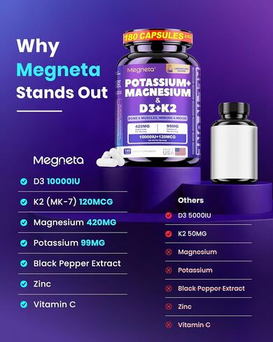 Magnesium Glycinate Potassium with Vitamin D3 10000 IU K2 MK-7, High-Potency Synergistic Complex for Bone, Immune Health, Mood Balance & Energy Support, 180 Capsules in Saudi Arabia