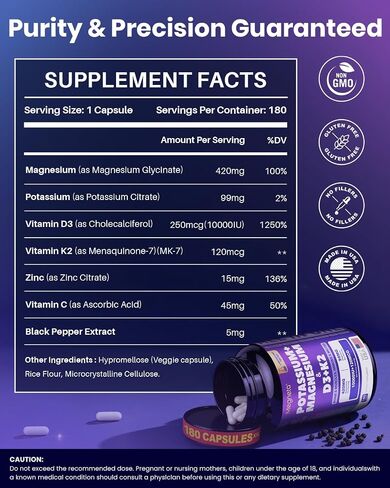 Magnesium Glycinate Potassium with Vitamin D3 10000 IU K2 MK-7, High-Potency Synergistic Complex for Bone, Immune Health, Mood Balance & Energy Support, 180 Capsules in Saudi Arabia