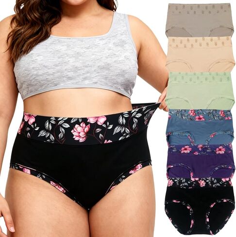 Womens Underwear Plus Size Briefs XL-5XL Mid High Waist Full Coverage Ladies Panties Floral Pineapple 6 Pack Undies in Saudi Arabia