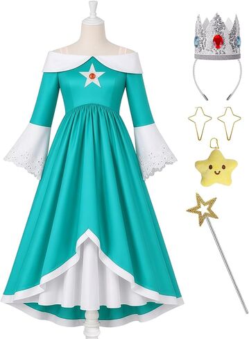 Girls Galaxy Princess Costume Set with Crown Wand Earrings, Teal Maxi Dress with Bell Sleeves for Dress Up Party in Saudi Arabia