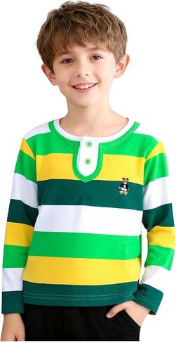 Boys Striped Henley Shirt Classic Long Sleeve Cotton Crewneck Pullover Tops Soft Breathable Daily School Wear in Saudi Arabia