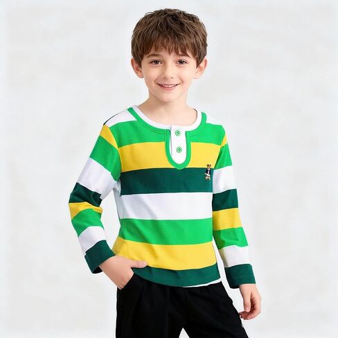 Boys Striped Henley Shirt Classic Long Sleeve Cotton Crewneck Pullover Tops Soft Breathable Daily School Wear in Saudi Arabia