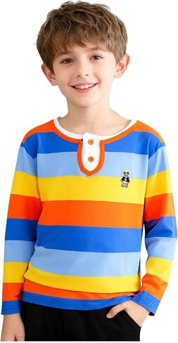 Boys Striped Henley Shirt Classic Long Sleeve Cotton Crewneck Pullover Tops Soft Breathable Daily School Wear in Saudi Arabia