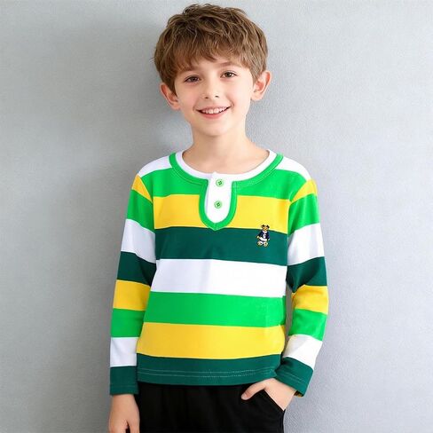 Boys Striped Henley Shirt Classic Long Sleeve Cotton Crewneck Pullover Tops Soft Breathable Daily School Wear in Saudi Arabia