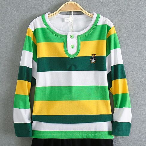 Boys Striped Henley Shirt Classic Long Sleeve Cotton Crewneck Pullover Tops Soft Breathable Daily School Wear in Saudi Arabia