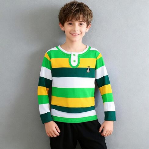 Boys Striped Henley Shirt Classic Long Sleeve Cotton Crewneck Pullover Tops Soft Breathable Daily School Wear in Saudi Arabia