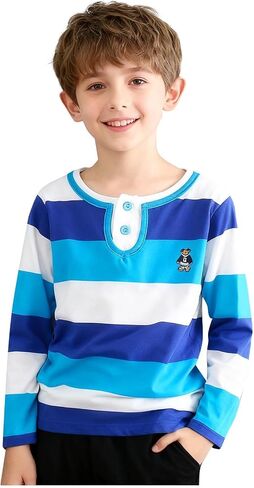 Boys Striped Henley Shirt Classic Long Sleeve Cotton Crewneck Pullover Tops Soft Breathable Daily School Wear in Saudi Arabia