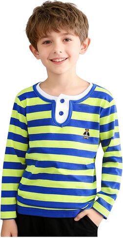 Boys Striped Henley Shirt Classic Long Sleeve Cotton Crewneck Pullover Tops Soft Breathable Daily School Wear in Saudi Arabia