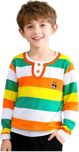 Boys Striped Henley Shirt Classic Long Sleeve Cotton Crewneck Pullover Tops Soft Breathable Daily School Wear in Saudi Arabia