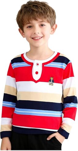 Boys Striped Henley Shirt Classic Long Sleeve Cotton Crewneck Pullover Tops Soft Breathable Daily School Wear in Saudi Arabia
