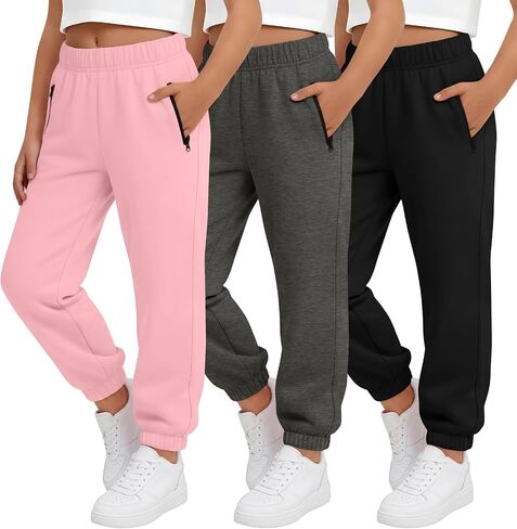 3 Pack Girls Sweatpants Kids Jogger Athletic Soft Teen Cuffed Sweat Pants with Zipper Pockets for 5-14 Years in Kuwait