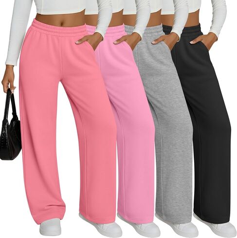 4 Pack Girls Sweatpants Straight Leg Elastic Waist Pants Open Bottom Athletic Trousers with Pockets for 5-14 Years in Kuwait