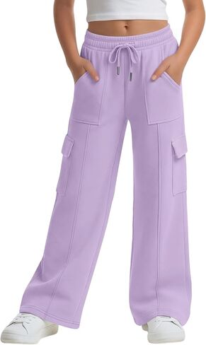 Xaatren Girls' Sweatpants Kids Wide Leg Cargo Pants Teen Drawstring Baggy Joggers with Pockets in Kuwait