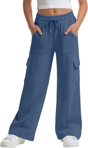 Xaatren Girls' Sweatpants Kids Wide Leg Cargo Pants Teen Drawstring Baggy Joggers with Pockets in Saudi Arabia