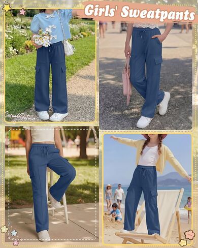 Xaatren Girls' Sweatpants Kids Wide Leg Cargo Pants Teen Drawstring Baggy Joggers with Pockets in Saudi Arabia
