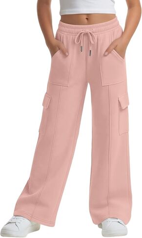Xaatren Girls' Sweatpants Kids Wide Leg Cargo Pants Teen Drawstring Baggy Joggers with Pockets in Saudi Arabia