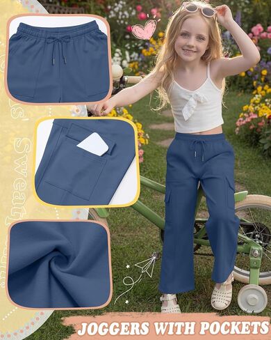 Xaatren Girls' Sweatpants Kids Wide Leg Cargo Pants Teen Drawstring Baggy Joggers with Pockets in Saudi Arabia