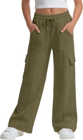 Xaatren Girls' Sweatpants Kids Wide Leg Cargo Pants Teen Drawstring Baggy Joggers with Pockets in Saudi Arabia