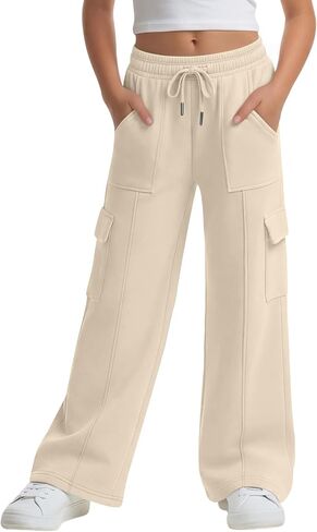 Xaatren Girls' Sweatpants Kids Wide Leg Cargo Pants Teen Drawstring Baggy Joggers with Pockets in Saudi Arabia