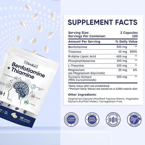 Vitamin B1 Benfotiamine 300mg with R-ALA 600mg & Thiamine - Advanced Nerve Support Supplement with Phosphatidylserine, L-Theanine, Turmeric & Magnesium - Non-GMO, Gluten Free, 240 Capsule in Saudi Arabia