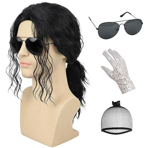 5Pcs Set- Black Curly Wig + Sequin Glove + Sunglasses + Hair Tie + Wig Cap for Men Women Performance Costume Cosplay Halloween & Dress-Up Events in Saudi Arabia