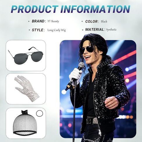 5Pcs Set- Black Curly Wig + Sequin Glove + Sunglasses + Hair Tie + Wig Cap for Men Women Performance Costume Cosplay Halloween & Dress-Up Events in Saudi Arabia