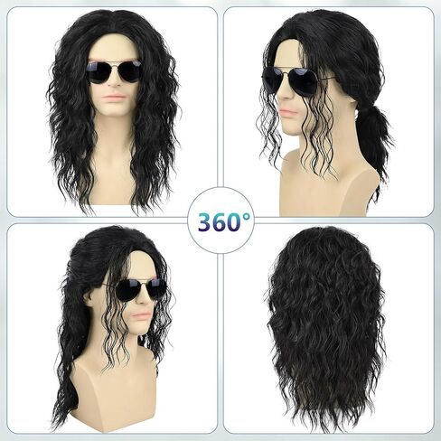5Pcs Set- Black Curly Wig + Sequin Glove + Sunglasses + Hair Tie + Wig Cap for Men Women Performance Costume Cosplay Halloween & Dress-Up Events in Saudi Arabia