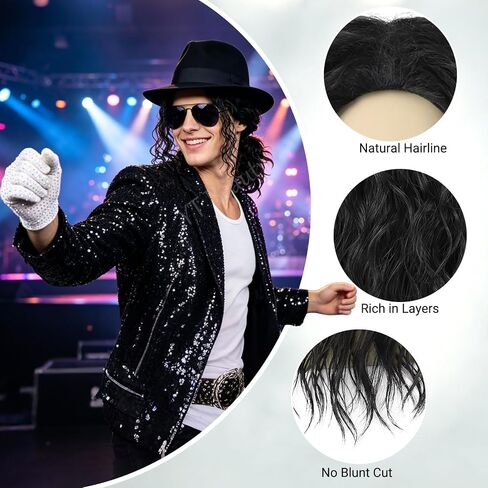 5Pcs Set- Black Curly Wig + Sequin Glove + Sunglasses + Hair Tie + Wig Cap for Men Women Performance Costume Cosplay Halloween & Dress-Up Events in Saudi Arabia