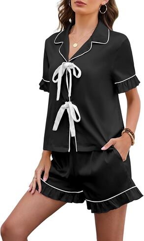 MARZXIN Womens Satin Pajamas Set 2 Piece Silk Pjs Shorts Set Short Sleeve Ruffled Lingerie Sleepwear Button Down Loungewear in Saudi Arabia