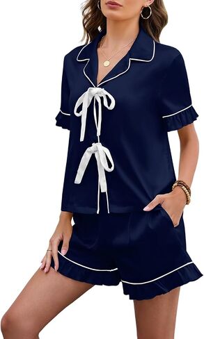 MARZXIN Womens Satin Pajamas Set 2 Piece Silk Pjs Shorts Set Short Sleeve Ruffled Lingerie Sleepwear Button Down Loungewear in Saudi Arabia