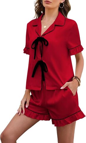 MARZXIN Womens Satin Pajamas Set 2 Piece Silk Pjs Shorts Set Short Sleeve Ruffled Lingerie Sleepwear Button Down Loungewear in Saudi Arabia
