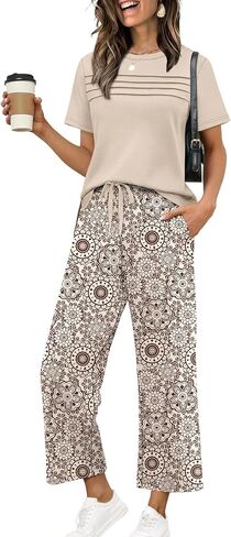 WIHOLL Two Piece Sets for Women Summer Spring Travel Vacation Outfits Short Sleeve Lounge Sets Side Slit Wide Leg Pants S-3XL in Kuwait