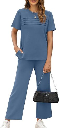 WIHOLL Two Piece Sets for Women Summer Spring Travel Vacation Outfits Short Sleeve Lounge Sets Side Slit Wide Leg Pants S-3XL in Kuwait