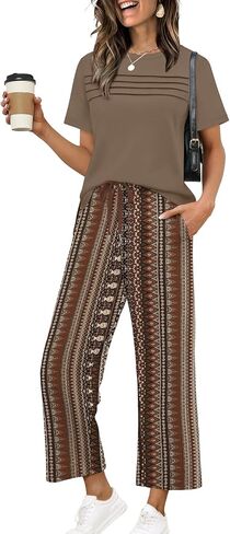 WIHOLL Two Piece Sets for Women Summer Spring Travel Vacation Outfits Short Sleeve Lounge Sets Side Slit Wide Leg Pants S-3XL in Kuwait