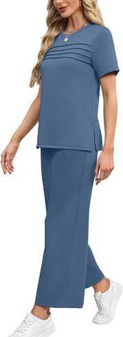 WIHOLL Two Piece Sets for Women Summer Spring Travel Vacation Outfits Short Sleeve Lounge Sets Side Slit Wide Leg Pants S-3XL in Kuwait