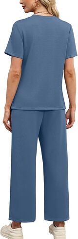 WIHOLL Two Piece Sets for Women Summer Spring Travel Vacation Outfits Short Sleeve Lounge Sets Side Slit Wide Leg Pants S-3XL in Kuwait