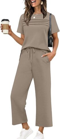 WIHOLL Two Piece Sets for Women Summer Spring Travel Vacation Outfits Short Sleeve Lounge Sets Side Slit Wide Leg Pants S-3XL in Kuwait