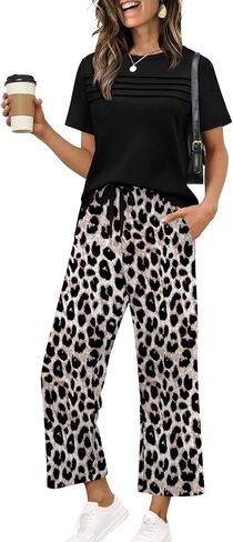 WIHOLL Two Piece Sets for Women Summer Spring Travel Vacation Outfits Short Sleeve Lounge Sets Side Slit Wide Leg Pants S-3XL in Kuwait