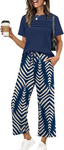 WIHOLL Two Piece Sets for Women Summer Spring Travel Vacation Outfits Short Sleeve Lounge Sets Side Slit Wide Leg Pants S-3XL in Kuwait