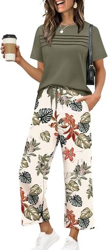 WIHOLL Two Piece Sets for Women Summer Spring Travel Vacation Outfits Short Sleeve Lounge Sets Side Slit Wide Leg Pants S-3XL in Kuwait