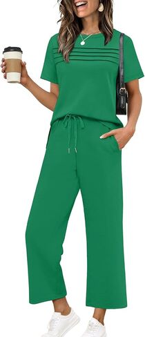 WIHOLL Two Piece Sets for Women Summer Spring Travel Vacation Outfits Short Sleeve Lounge Sets Side Slit Wide Leg Pants S-3XL in Kuwait